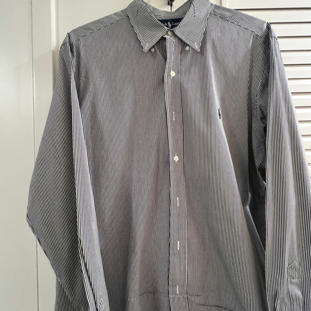 Ralph Lauren Button Down Mens XL Navy White Good Classic Fit Striped Long Sleeve